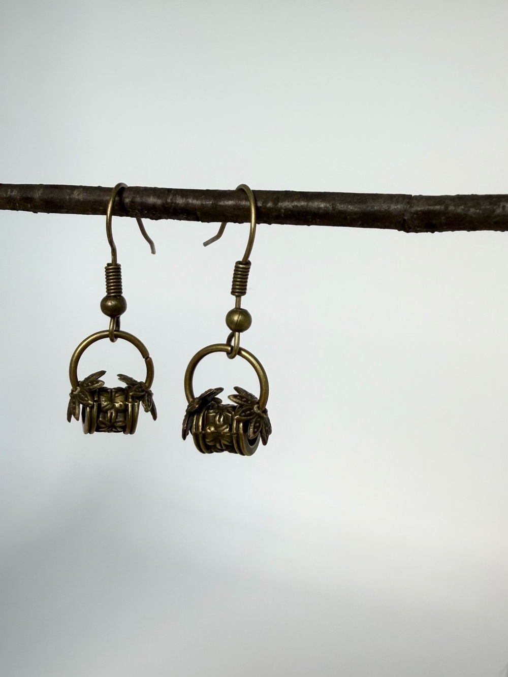 Antique Bronze Floral Hoop Drop Earrings - Women Jewelry
